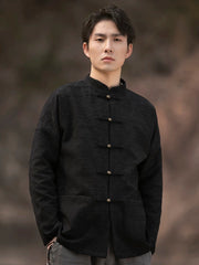 Black Linen Shirt Long Sleeve Men Tang Suit