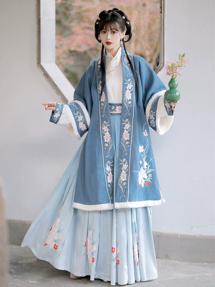 Blue Winter Hanfu Skirt Outfit Ming Dynasty Clothing