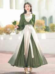 Ruffle Green Dress Three piece  Chinese Modern Hanfu