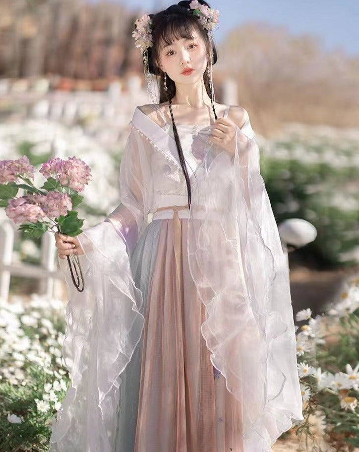 Sleeve Ruffles Gradient Pleated Dress Sexy Hanfu