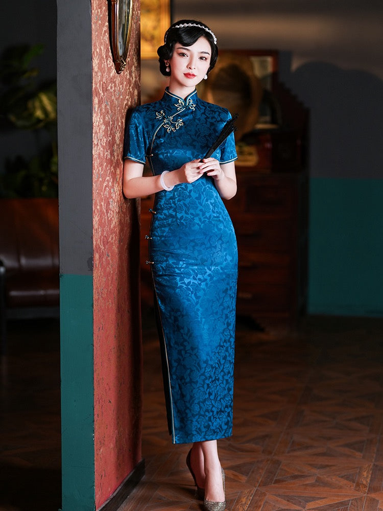 Blue Chinese Dress Traditional Long Cheongsam Female