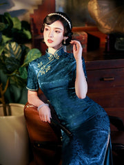 Blue Chinese Dress Traditional Long Cheongsam Female