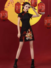 Black  A Line Mini Dress Cheongsam Chinese Style Clothes
