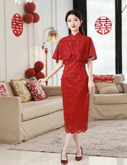 Red Cape Dress Chinese Wedding Modern Qipao