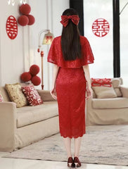 Red Cape Dress Chinese Wedding Modern Qipao