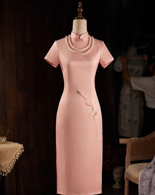 Peach Mother Of the Bride Dress Satin Chinese Qipao