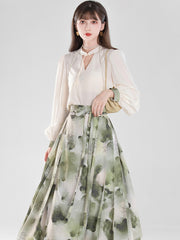 Pleated Print Skirt Set Modern Hanfu Dress Female